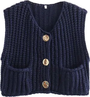 Ainangua Sleeveless Cropped Cardigan for Women Casual Chunky Knit Tank Tops Button Down Open Front Sweater Vest with Pockets