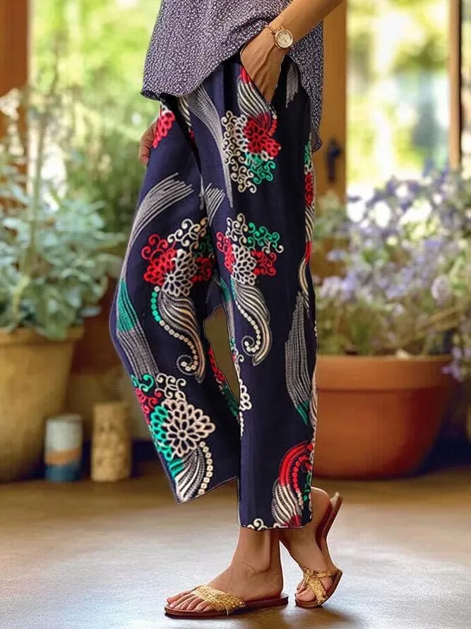 Akivide Women Casual Floral Print Linen Pant Summer Boho High Waist Straight Wide Leg Beach Lounge Capri Trouser with Pocket