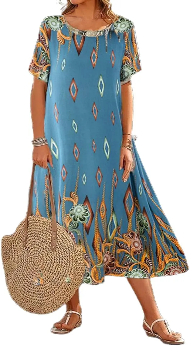 Akivide Women's Summer Boho Floral Loose Midi Tshirt Dress Casual Baggy Short Sleeve Beach Vacation Dresses