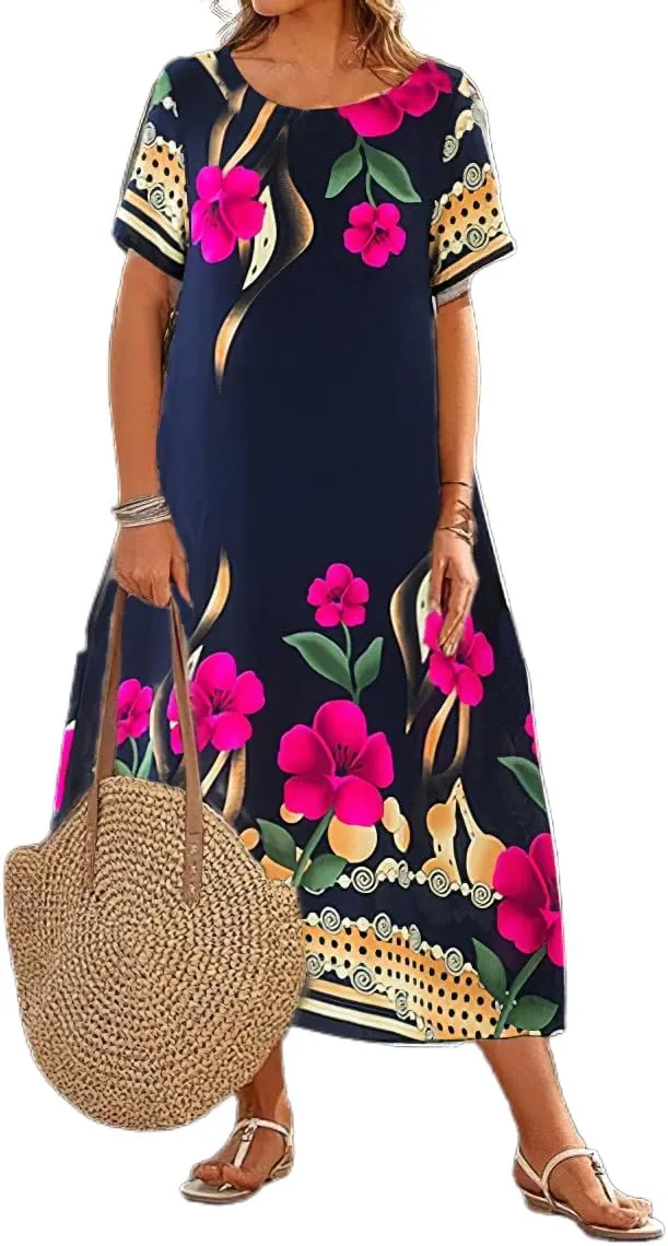 Akivide Women's Summer Boho Floral Loose Midi Tshirt Dress Casual Baggy Short Sleeve Beach Vacation Dresses