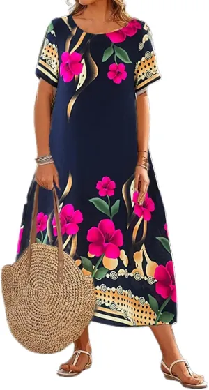 Akivide Women's Summer Boho Floral Loose Midi Tshirt Dress Casual Baggy Short Sleeve Beach Vacation Dresses