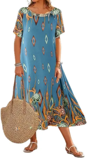 Akivide Women's Summer Boho Floral Loose Midi Tshirt Dress Casual Baggy Short Sleeve Beach Vacation Dresses