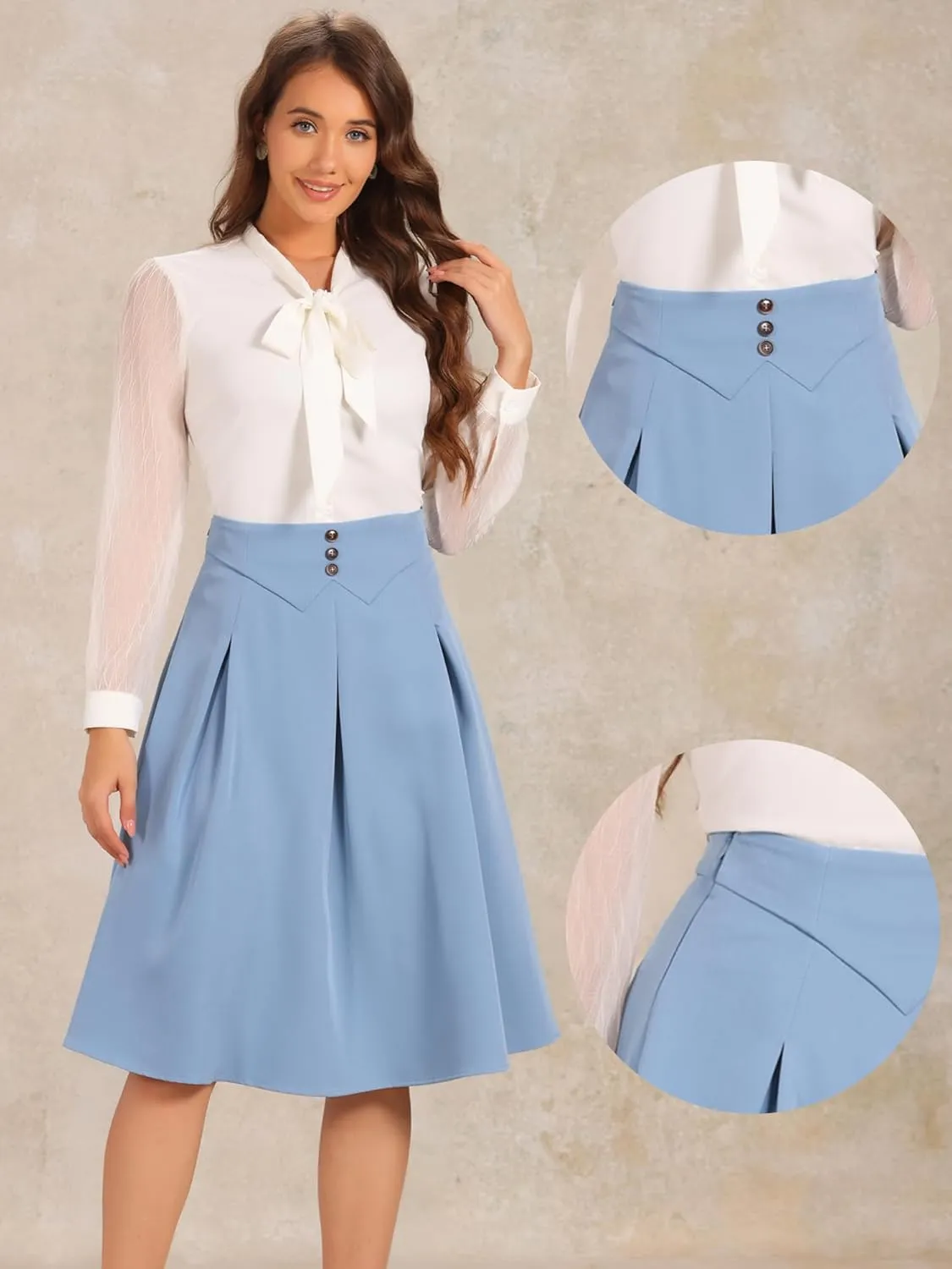 Allegra K Casual Office A-Line Skirt for Women's Button Decor High Waist Midi Flared Pleated Skirts