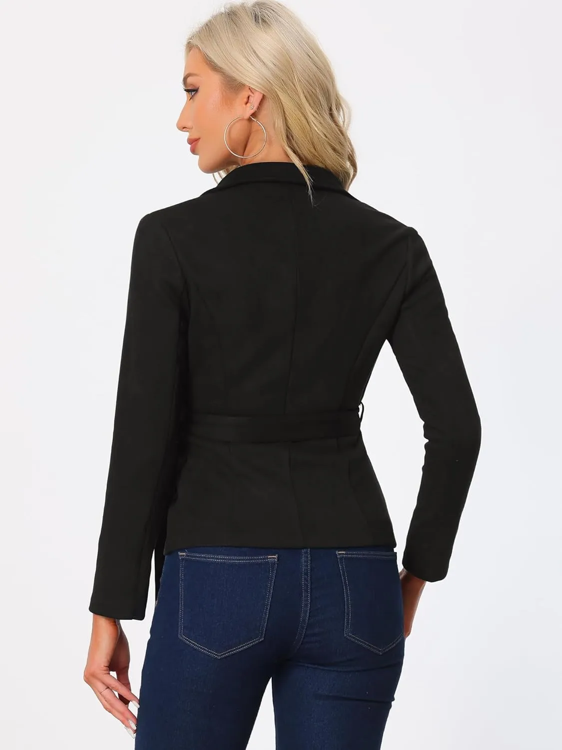 Allegra K Faux Suede Jacket for Women's Lapel Collar Long Sleeves Belted Office Dressy Blazer