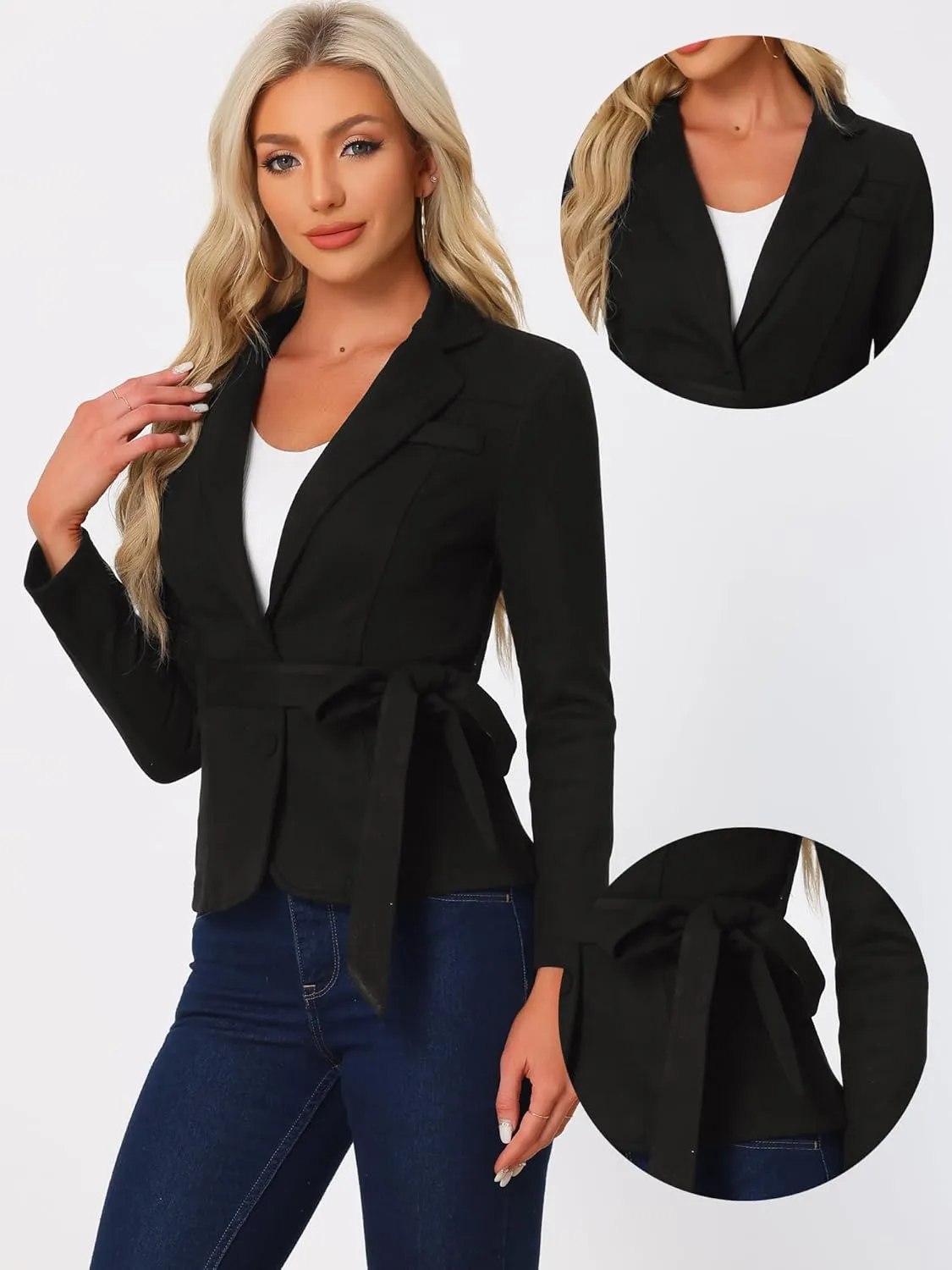 Allegra K Faux Suede Jacket for Women's Lapel Collar Long Sleeves Belted Office Dressy Blazer