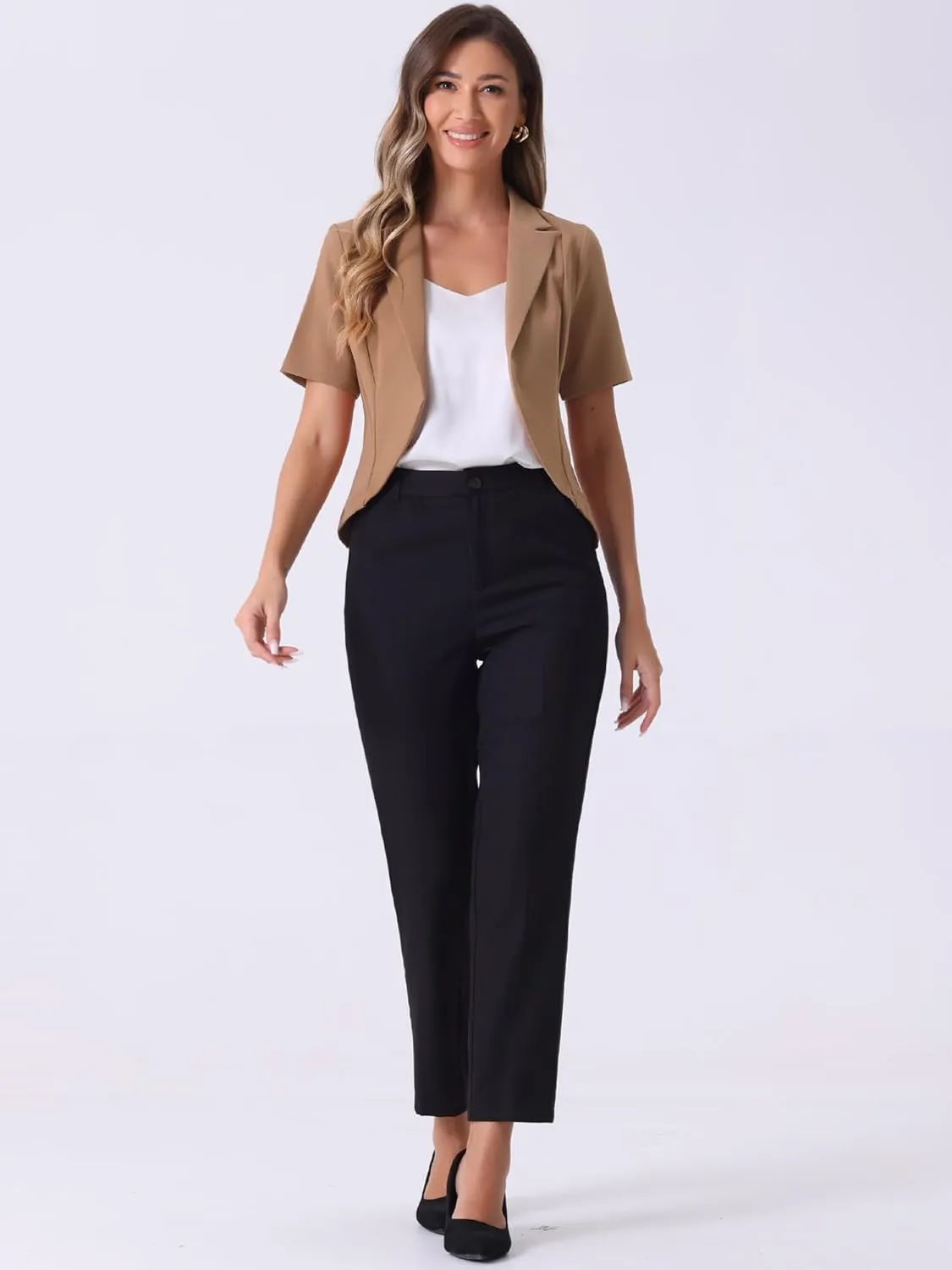 Allegra K Women's Business Casual Lapel Short Sleeve Open Front Cropped Work Office Blazer