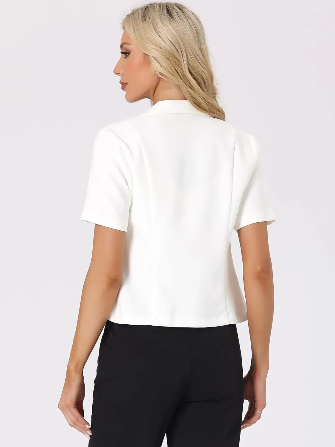 Allegra K Women's Business Casual Lapel Short Sleeve Open Front Cropped Work Office Blazer