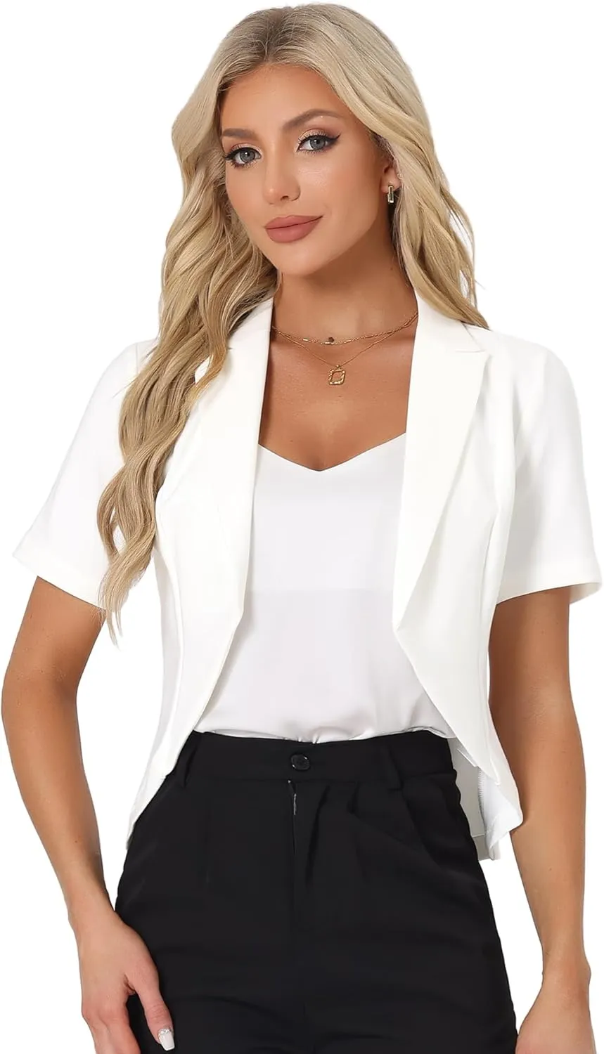 Allegra K Women's Business Casual Lapel Short Sleeve Open Front Cropped Work Office Blazer