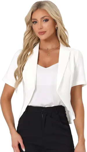 Allegra K Women's Business Casual Lapel Short Sleeve Open Front Cropped Work Office Blazer