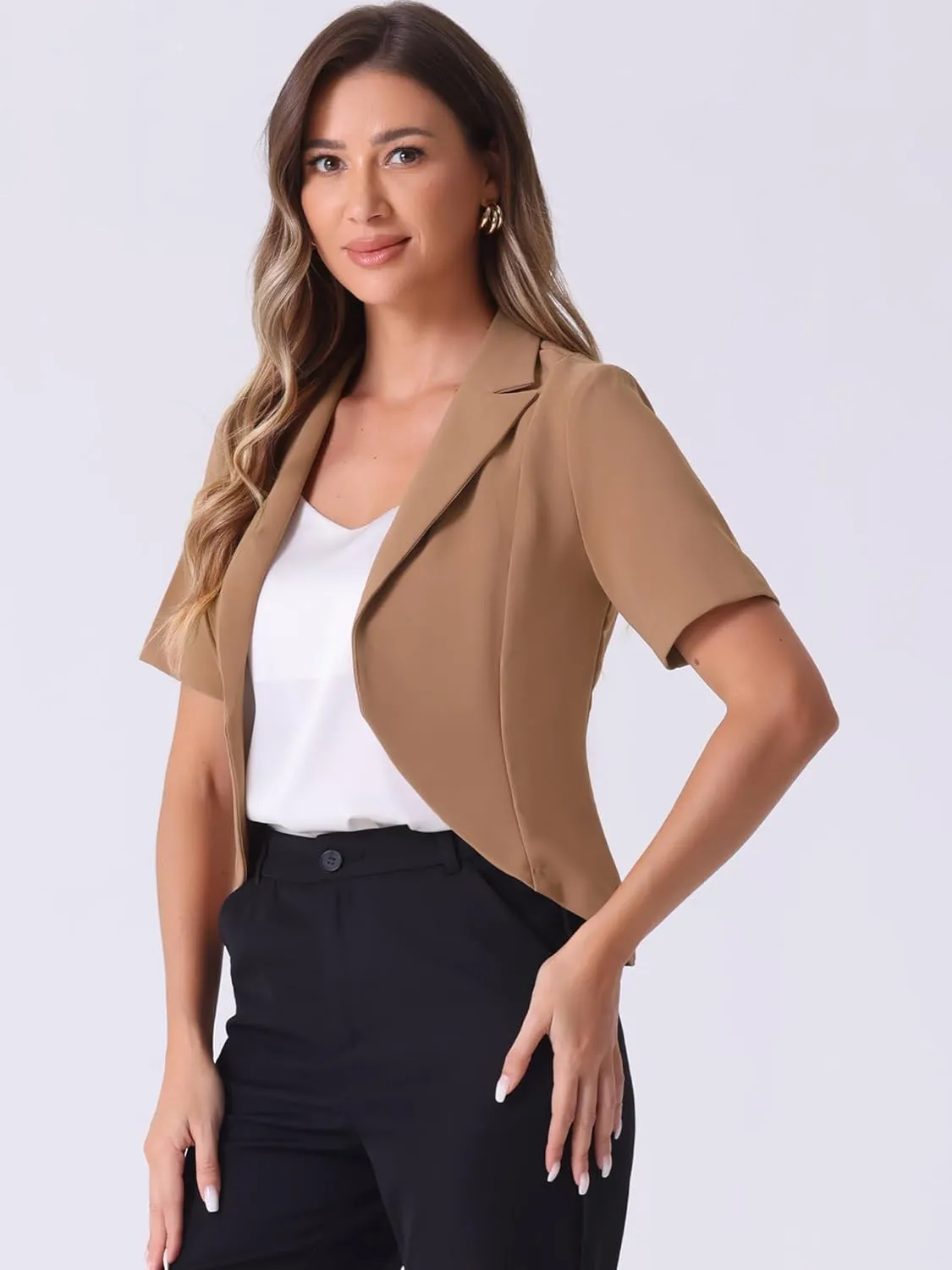 Allegra K Women's Business Casual Lapel Short Sleeve Open Front Cropped Work Office Blazer
