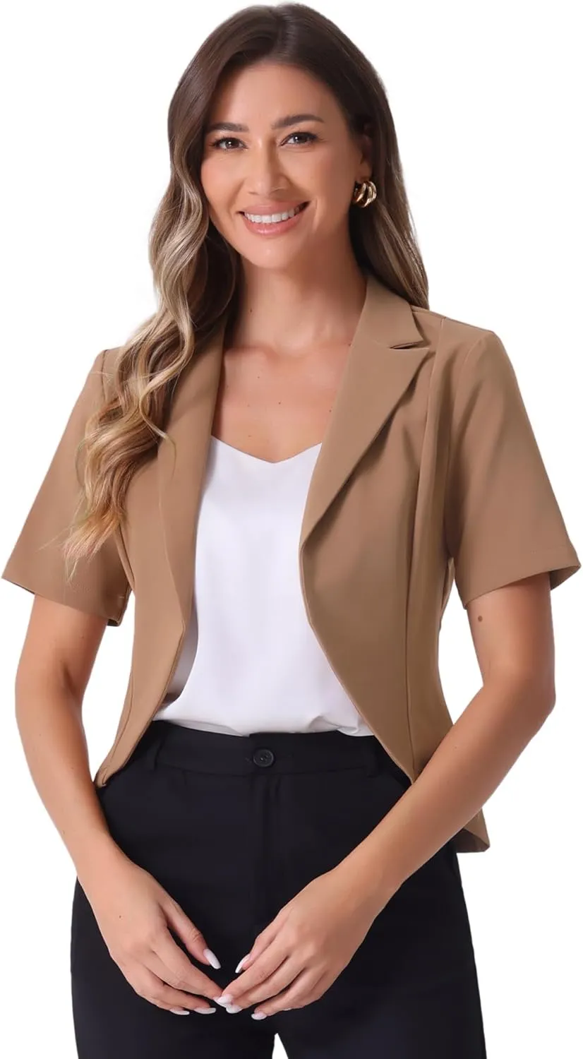 Allegra K Women's Business Casual Lapel Short Sleeve Open Front Cropped Work Office Blazer