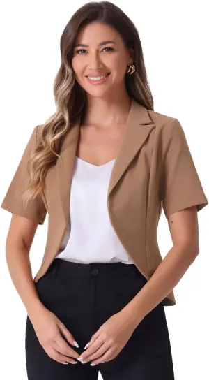 Allegra K Women's Business Casual Lapel Short Sleeve Open Front Cropped Work Office Blazer