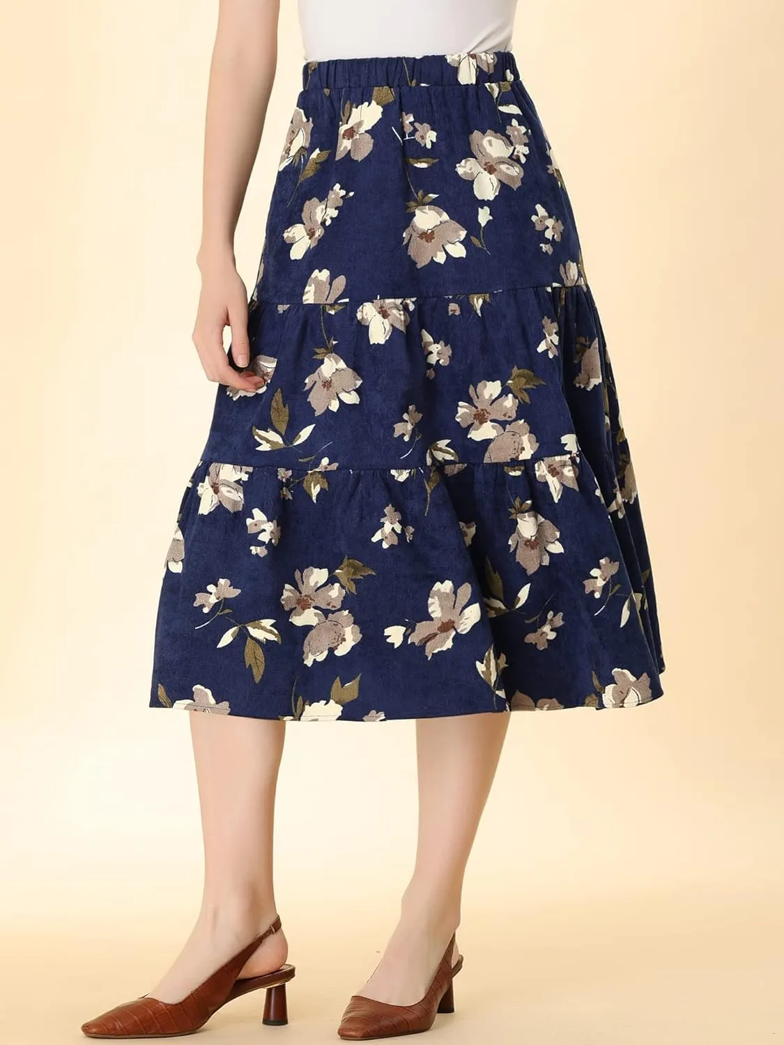 Allegra K Women's Corduroy Elastic Waist Warm Fall A-Line Pockets Tiered Floral Midi Skirt