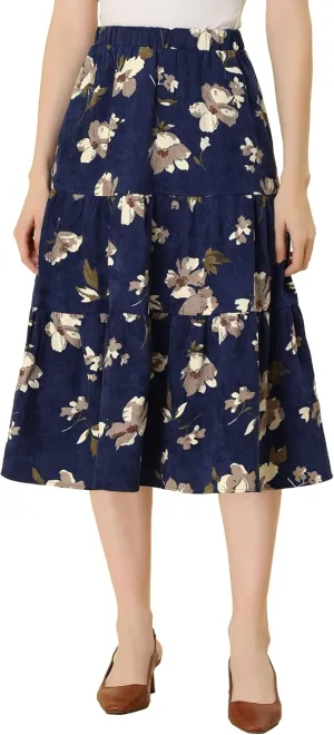 Allegra K Women's Corduroy Elastic Waist Warm Fall A-Line Pockets Tiered Floral Midi Skirt