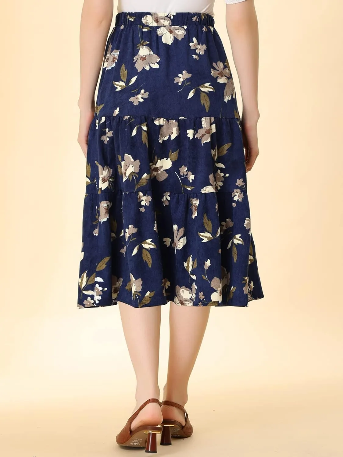 Allegra K Women's Corduroy Elastic Waist Warm Fall A-Line Pockets Tiered Floral Midi Skirt