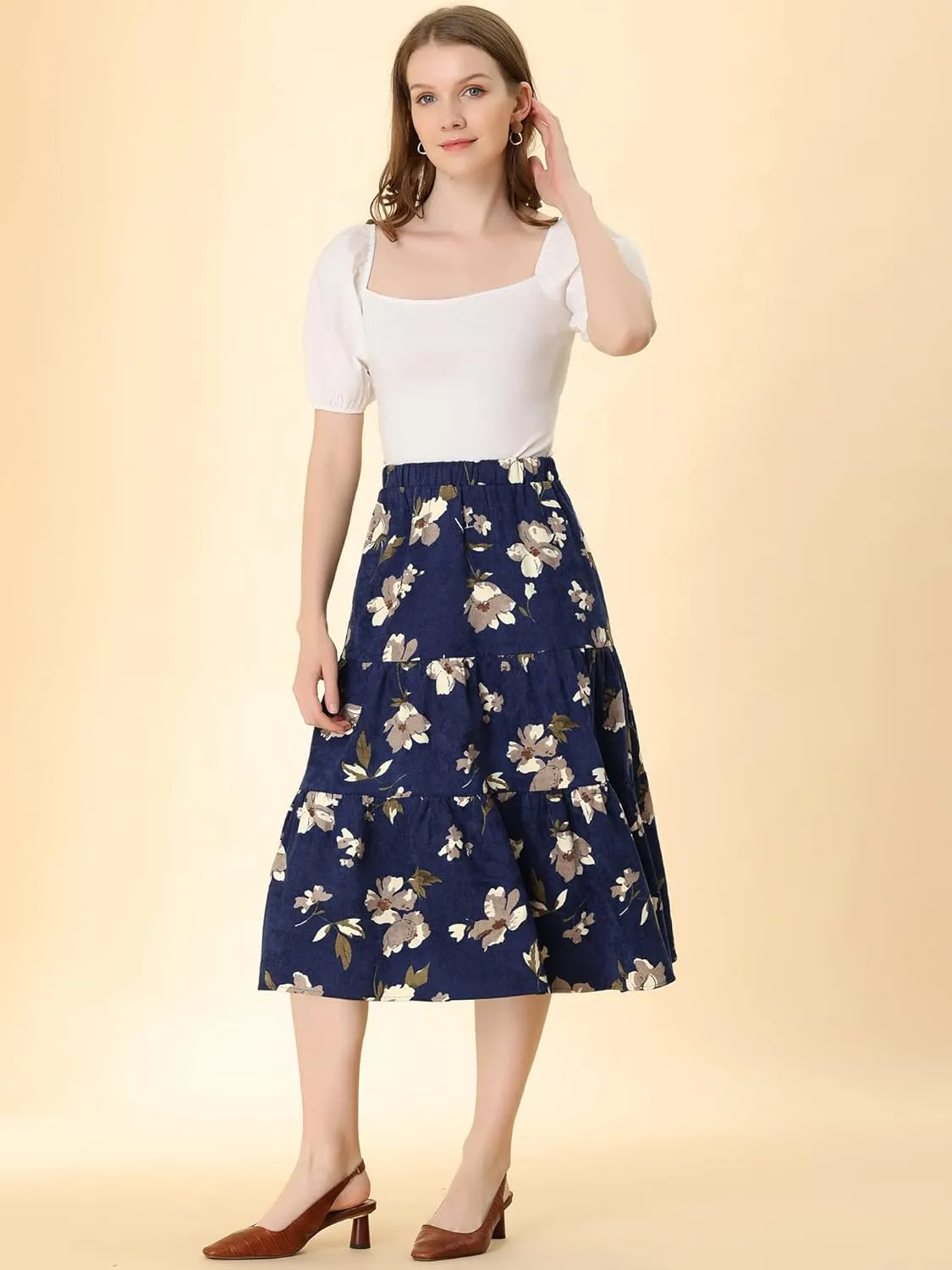Allegra K Women's Corduroy Elastic Waist Warm Fall A-Line Pockets Tiered Floral Midi Skirt
