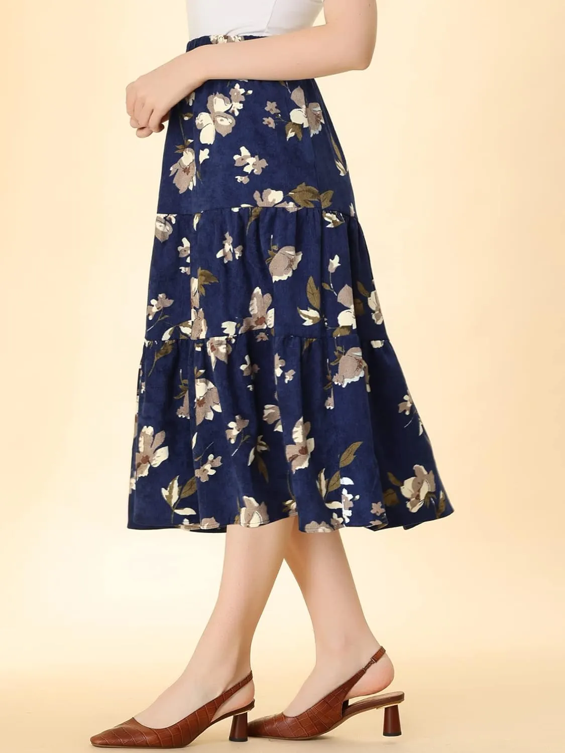Allegra K Women's Corduroy Elastic Waist Warm Fall A-Line Pockets Tiered Floral Midi Skirt