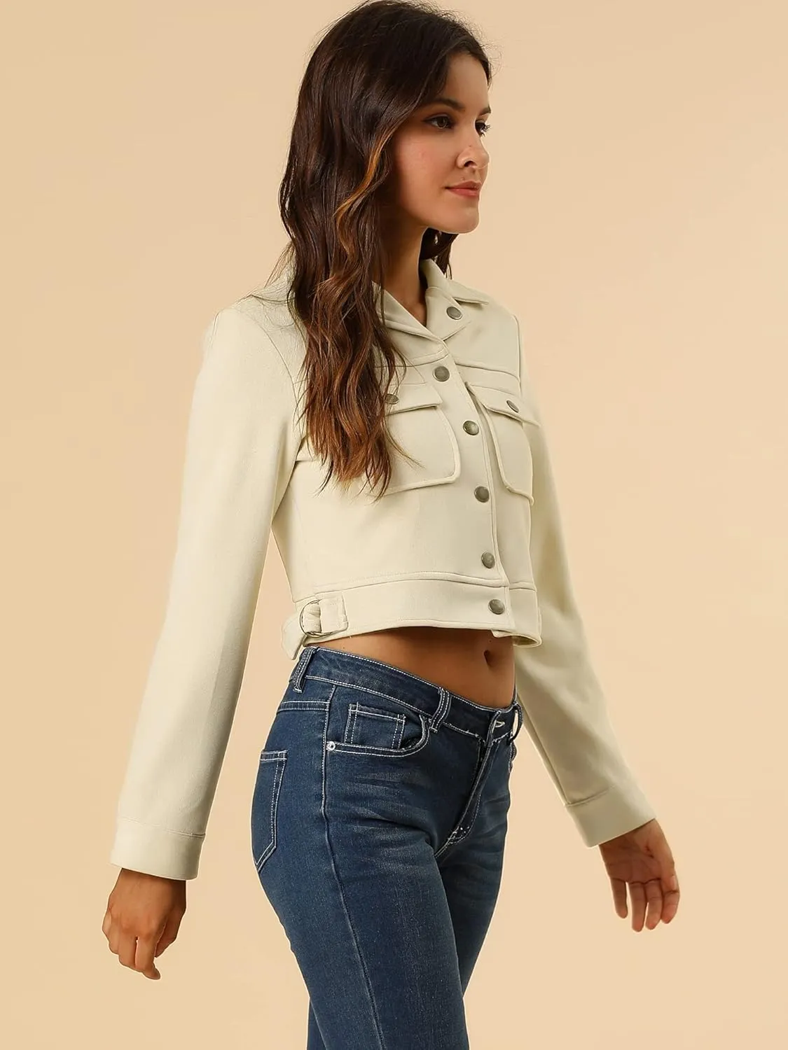 Allegra K Women's Faux Suede Jacket Button Down Collar Pockets Crop Moto Biker Coat