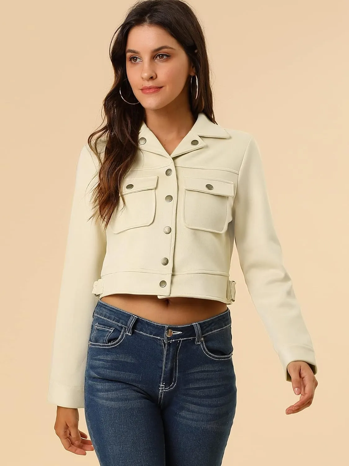 Allegra K Women's Faux Suede Jacket Button Down Collar Pockets Crop Moto Biker Coat