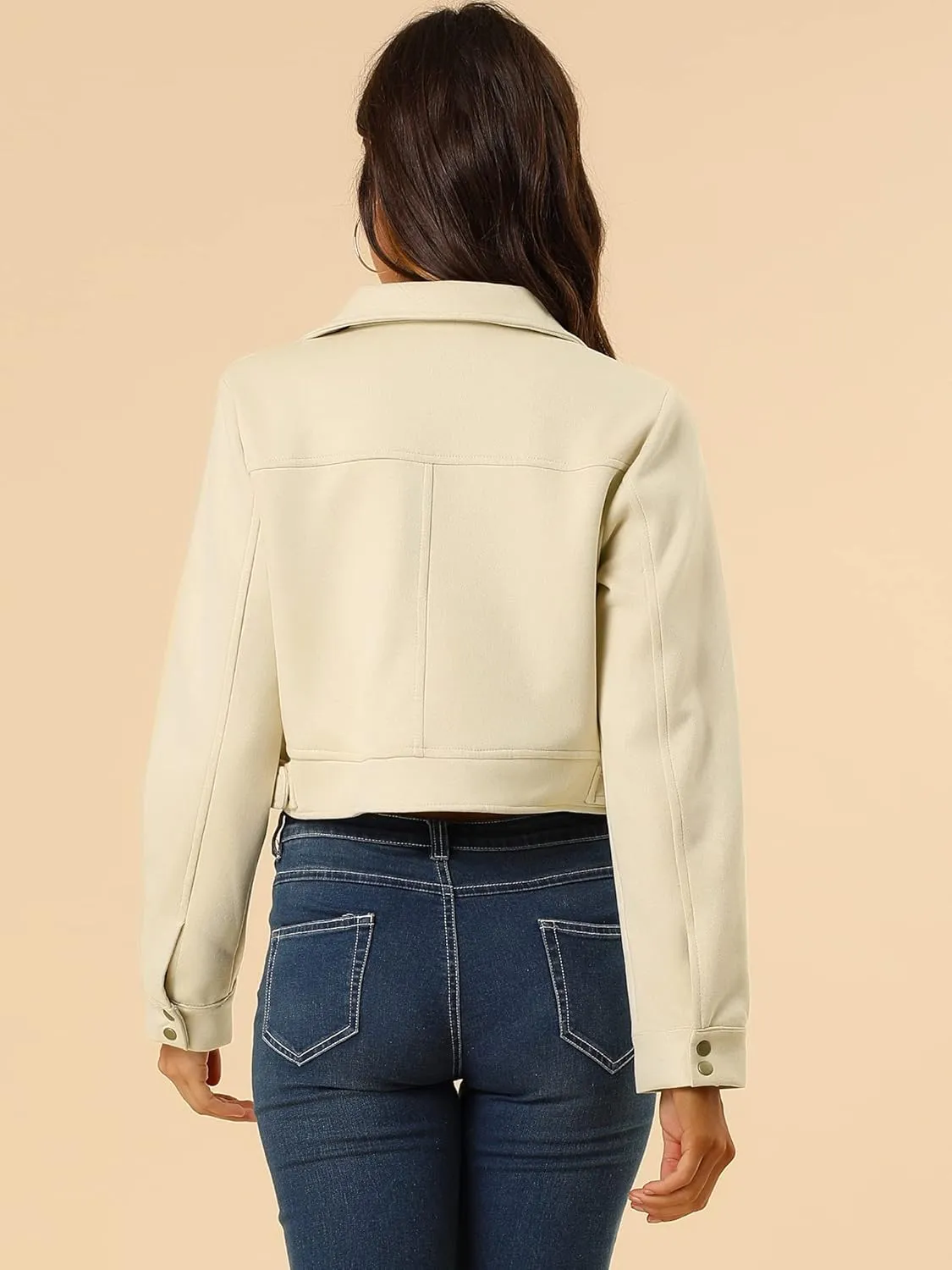 Allegra K Women's Faux Suede Jacket Button Down Collar Pockets Crop Moto Biker Coat