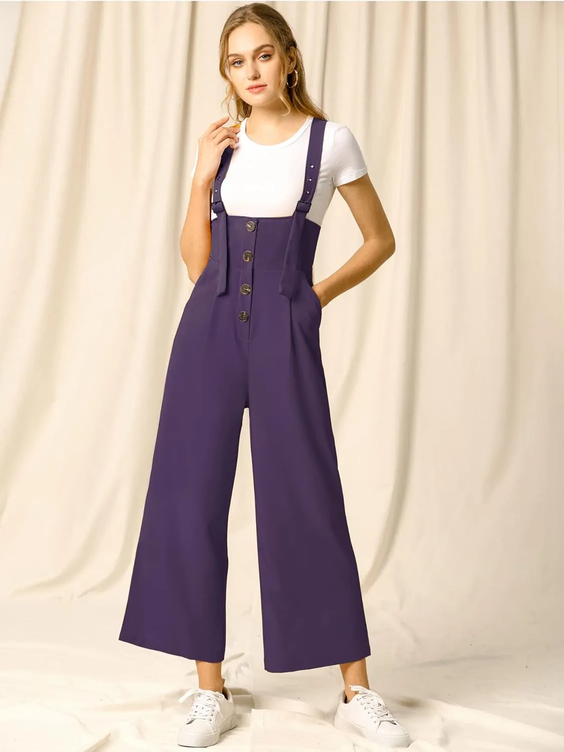 Allegra K Women's Wide Leg Overalls Loose Fit Belted High Waist Suspenders Jumpsuits