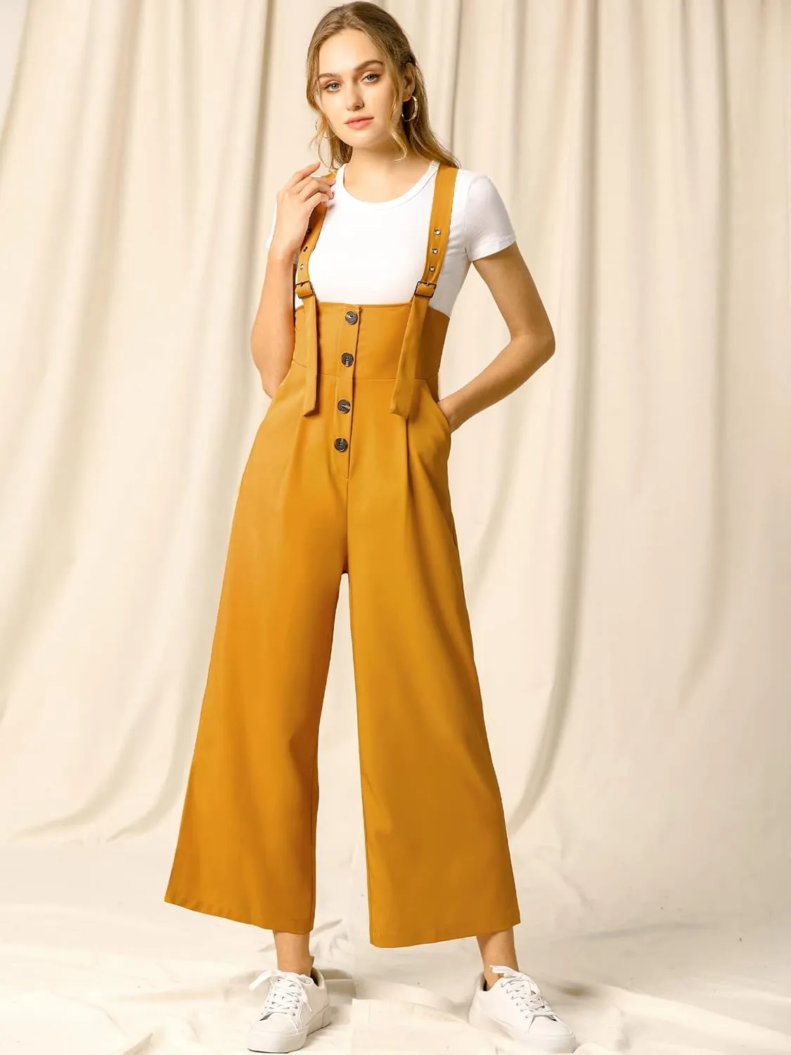 Allegra K Women's Wide Leg Overalls Loose Fit Belted High Waist Suspenders Jumpsuits