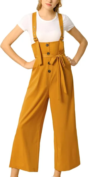 Allegra K Women's Wide Leg Overalls Loose Fit Belted High Waist Suspenders Jumpsuits