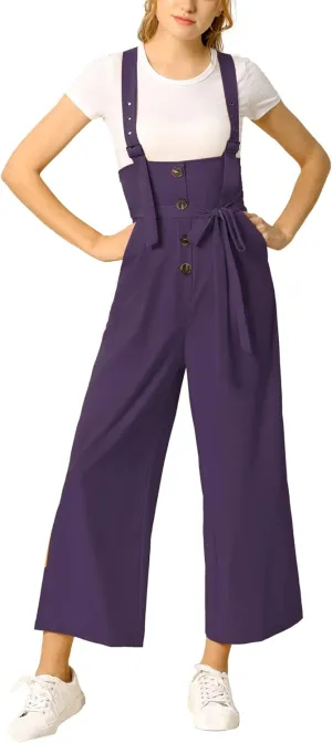 Allegra K Women's Wide Leg Overalls Loose Fit Belted High Waist Suspenders Jumpsuits