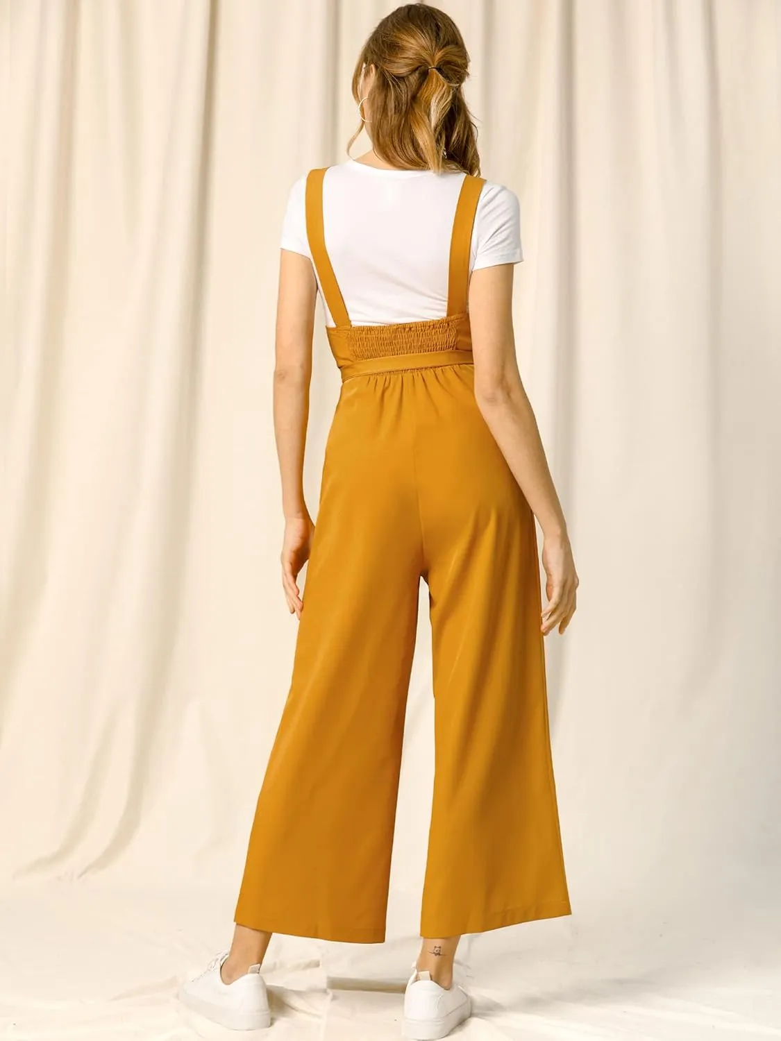 Allegra K Women's Wide Leg Overalls Loose Fit Belted High Waist Suspenders Jumpsuits