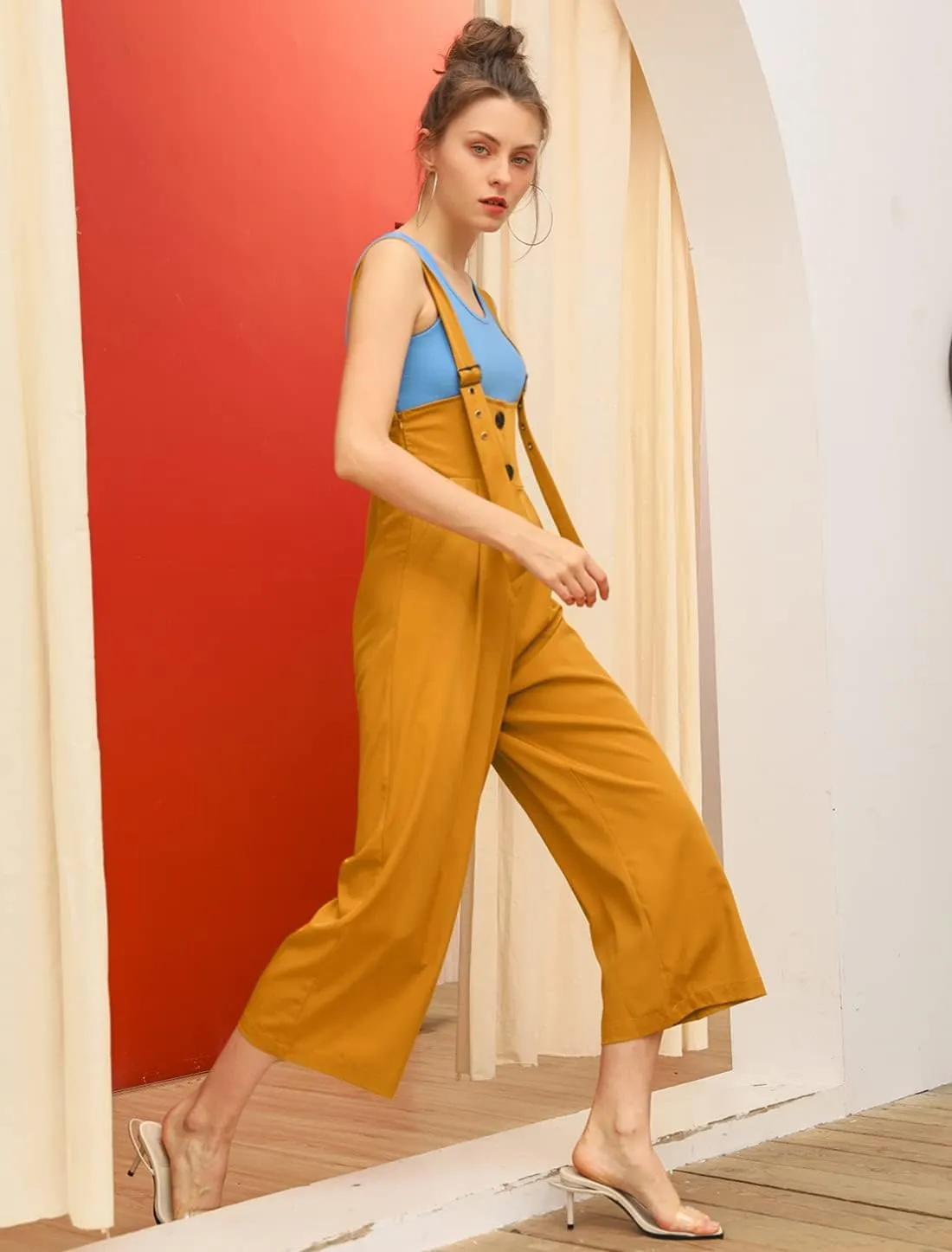 Allegra K Women's Wide Leg Overalls Loose Fit Belted High Waist Suspenders Jumpsuits