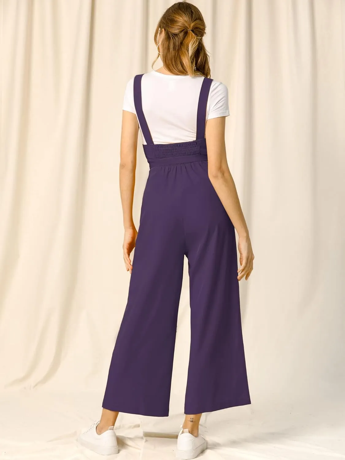 Allegra K Women's Wide Leg Overalls Loose Fit Belted High Waist Suspenders Jumpsuits