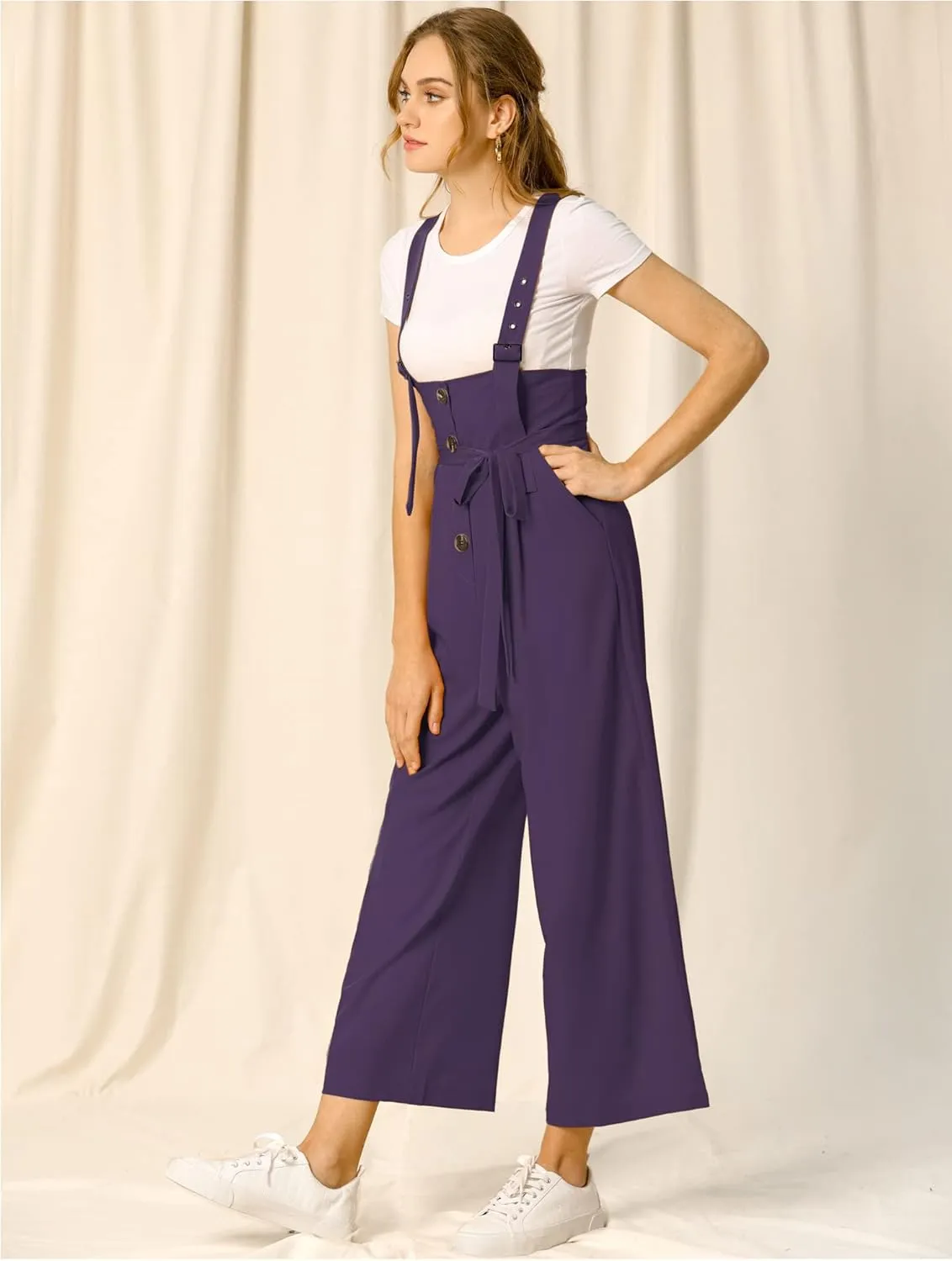 Allegra K Women's Wide Leg Overalls Loose Fit Belted High Waist Suspenders Jumpsuits