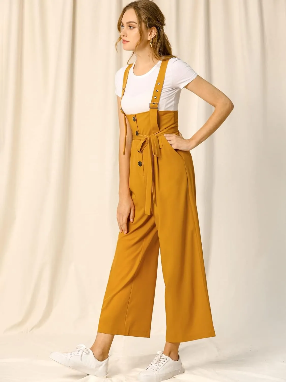 Allegra K Women's Wide Leg Overalls Loose Fit Belted High Waist Suspenders Jumpsuits