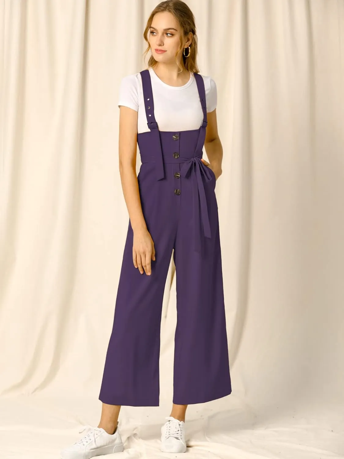 Allegra K Women's Wide Leg Overalls Loose Fit Belted High Waist Suspenders Jumpsuits