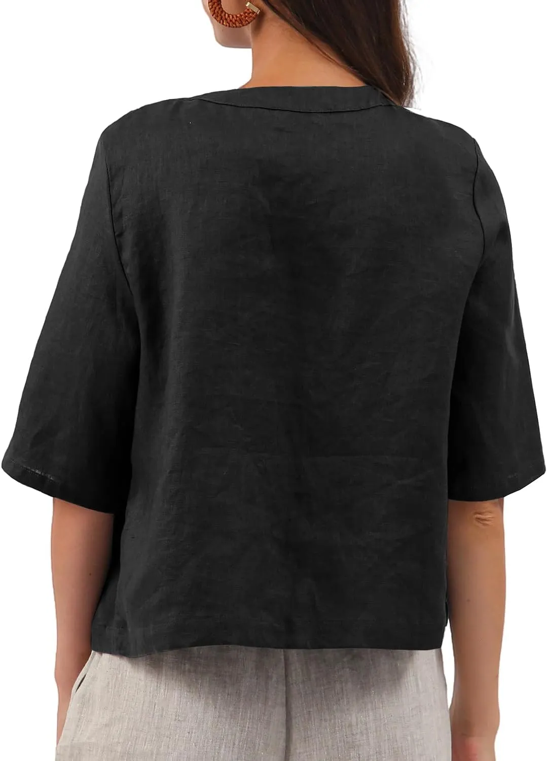 Amazhiyu Women Pure Linen Open Front Cropped Cardigan Elbow Sleeve Summer Jacket