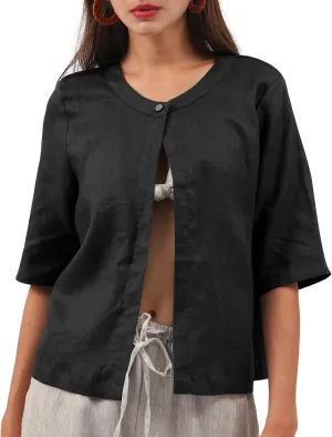 Amazhiyu Women Pure Linen Open Front Cropped Cardigan Elbow Sleeve Summer Jacket