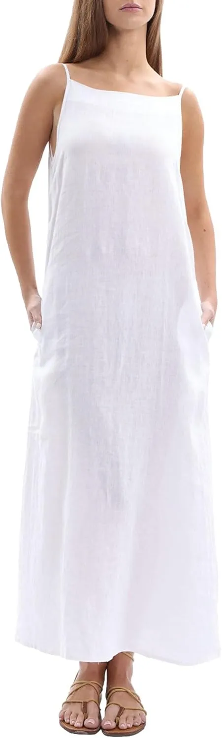 Amazhiyu Women's 100% Linen Casual Summer Sleevelesss Black Tie Maxi Dresses