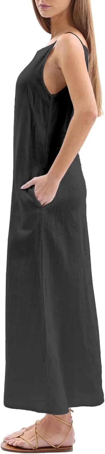 Amazhiyu Women's 100% Linen Casual Summer Sleevelesss Black Tie Maxi Dresses