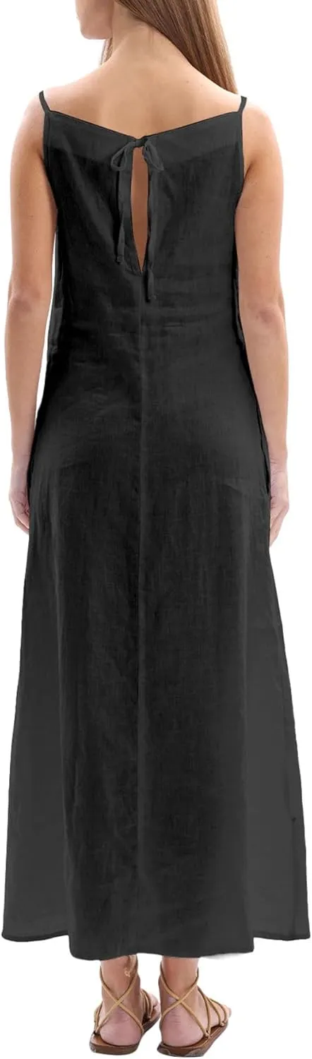 Amazhiyu Women's 100% Linen Casual Summer Sleevelesss Black Tie Maxi Dresses