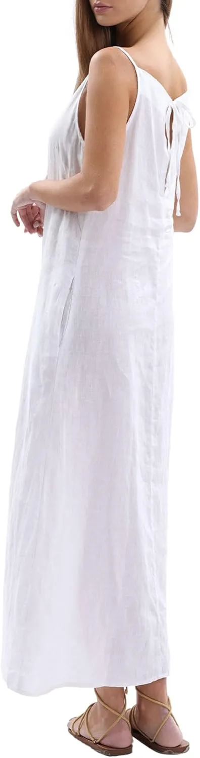 Amazhiyu Women's 100% Linen Casual Summer Sleevelesss Black Tie Maxi Dresses