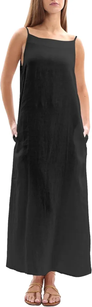 Amazhiyu Women's 100% Linen Casual Summer Sleevelesss Black Tie Maxi Dresses