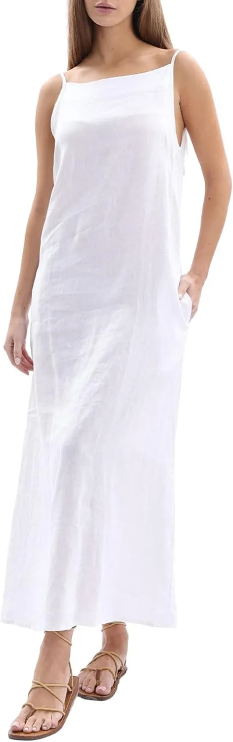 Amazhiyu Women's 100% Linen Casual Summer Sleevelesss Black Tie Maxi Dresses