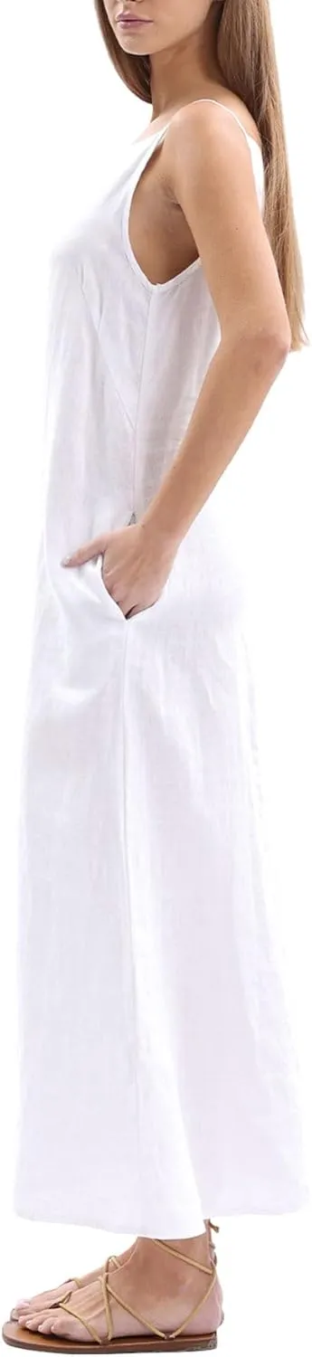 Amazhiyu Women's 100% Linen Casual Summer Sleevelesss Black Tie Maxi Dresses