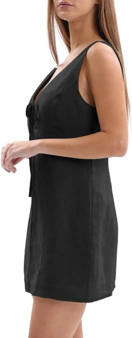 Amazhiyu Womens 100% Linen Summer V Neck Tie Front Sleeveless Mini Tank Dress