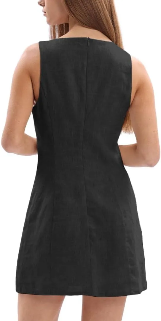 Amazhiyu Womens 100% Linen Summer V Neck Tie Front Sleeveless Mini Tank Dress