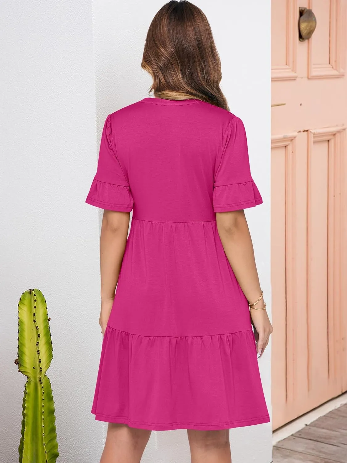 ANRABESS Womens Summer Casual Button Down Mini Dress Ruffle Short Sleeve V Neck Flowy A Line Tiered Beach Vacation Dresses