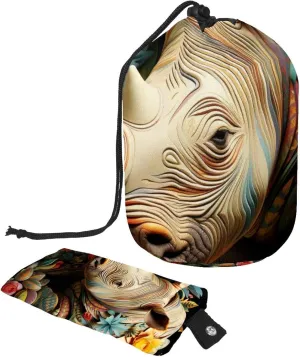 Art Rhino with Flowers 1 Travel Cosmetic Bags Makeup Bag for Women, Foldable Drawstring Travel Cosmetic Bags, Portable Toiletry Bucket Bag