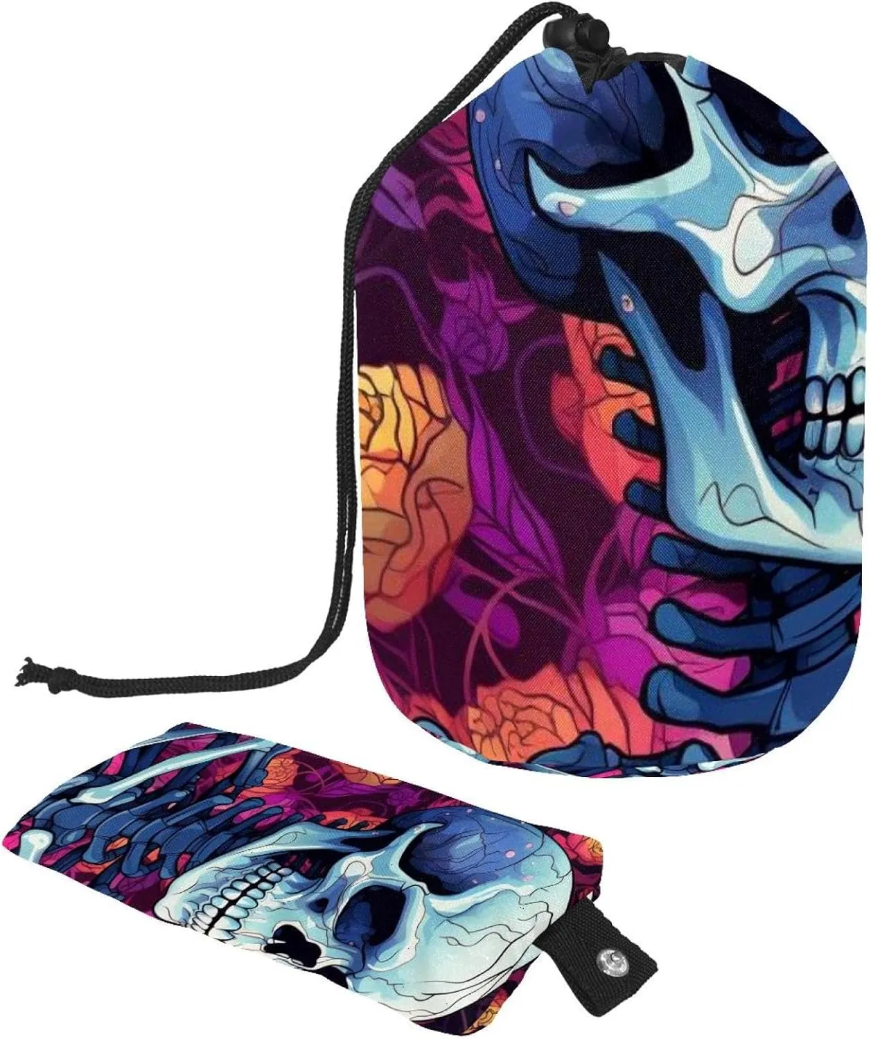 Art Skull and Flowers Travel Cosmetic Bags Makeup Bag for Women, Foldable Drawstring Travel Cosmetic Bags, Portable Toiletry Bucket Bag