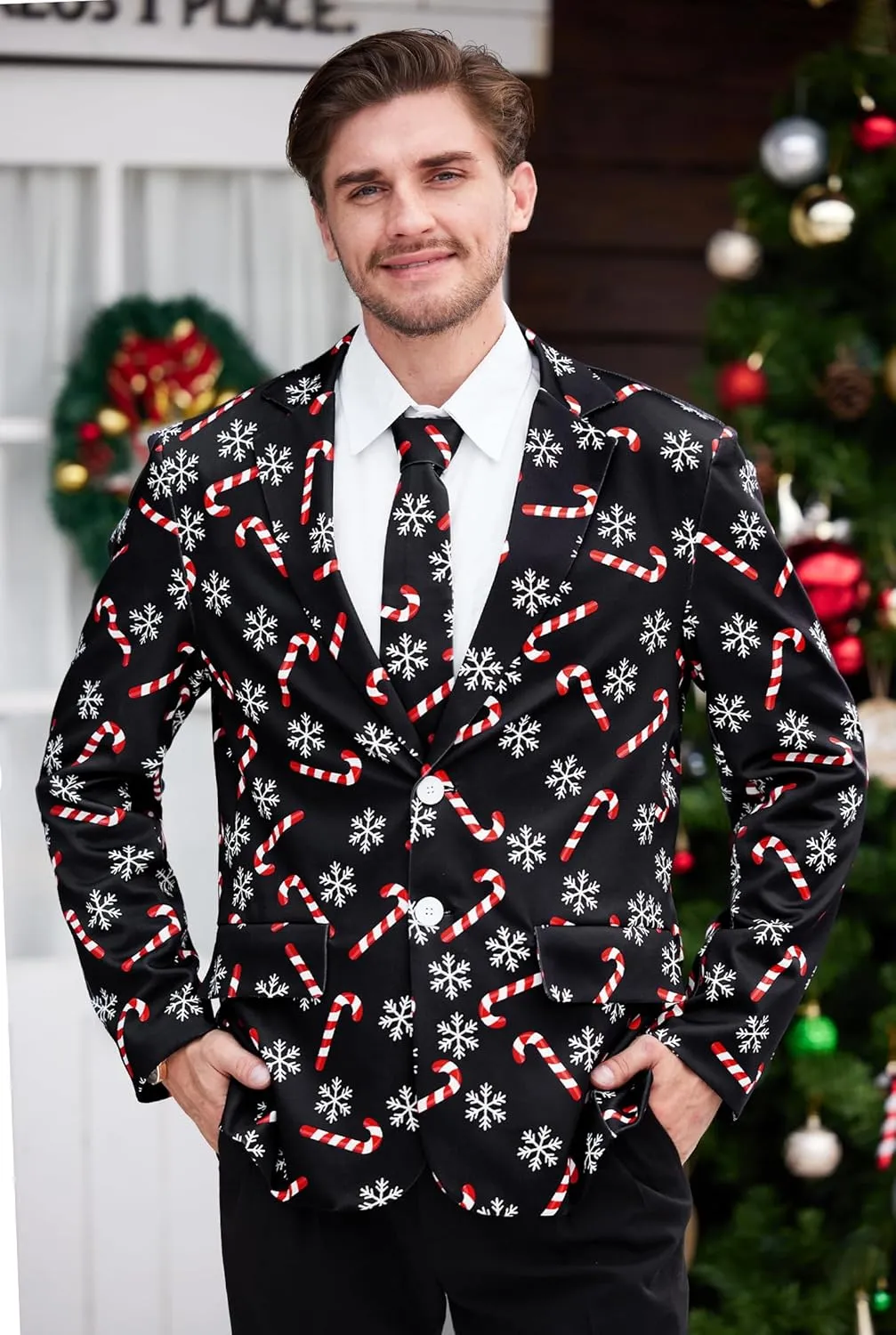 Arvilhill Men's Christmas Blazer with Tie - Ugly X-Mas Festive Jacket - Christmas Theme Party Suit for Men (S-XXL)