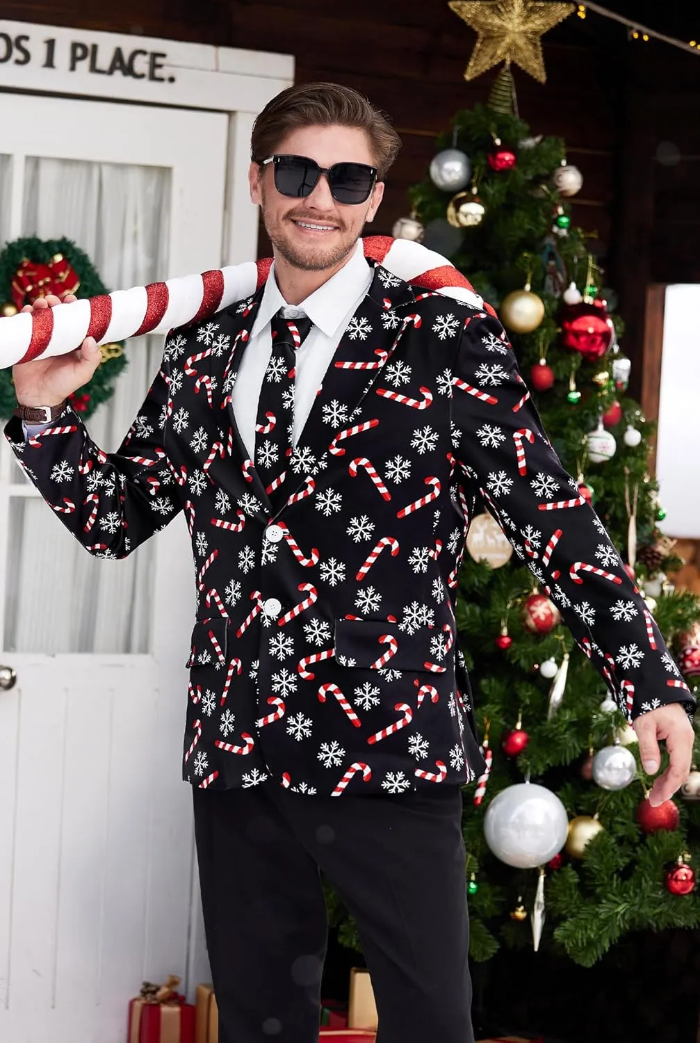 Arvilhill Men's Christmas Blazer with Tie - Ugly X-Mas Festive Jacket - Christmas Theme Party Suit for Men (S-XXL)